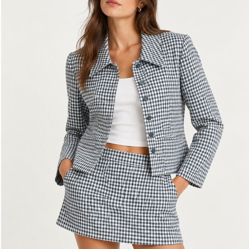 Reformation Gingham 100% Linen Blazer Gray White Size 8